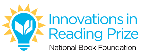 Innovations in Reading Prize logo. Blue text with a blue lightbulb next to it with a book inside. Yellow triangles around the lightbulb. Under blue texts reads National Book Foundation