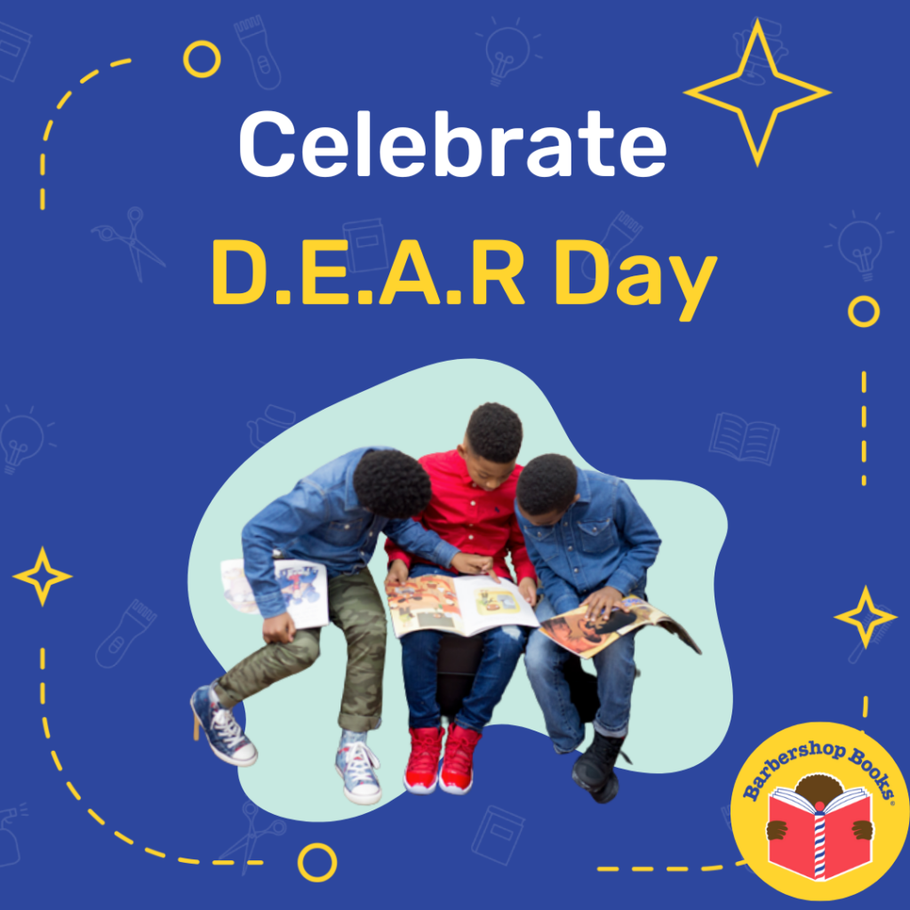 Three boys reading a book with a blue background. Text reads DEAR Day. Barbershop Books logo