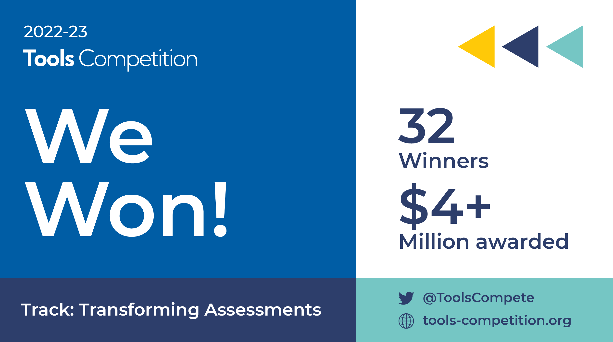 Blue and White graphic with text. Left side reads "2022-23 Tools Competition. We Won! Track: Transforming Assessments" in white text with dark blue background. 